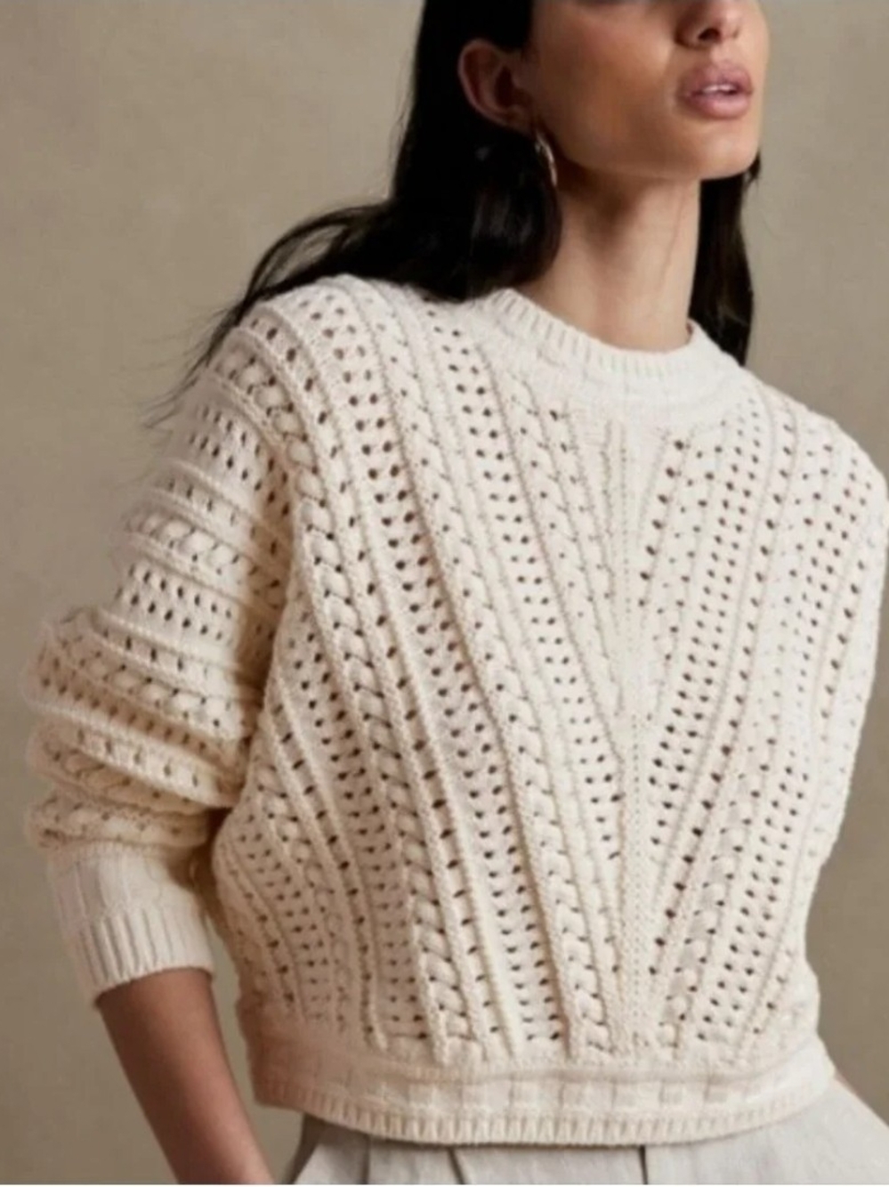 Banana Republic XL Organic Cotton Lexia Chunky Open-Knit Cable Crewneck Sweater